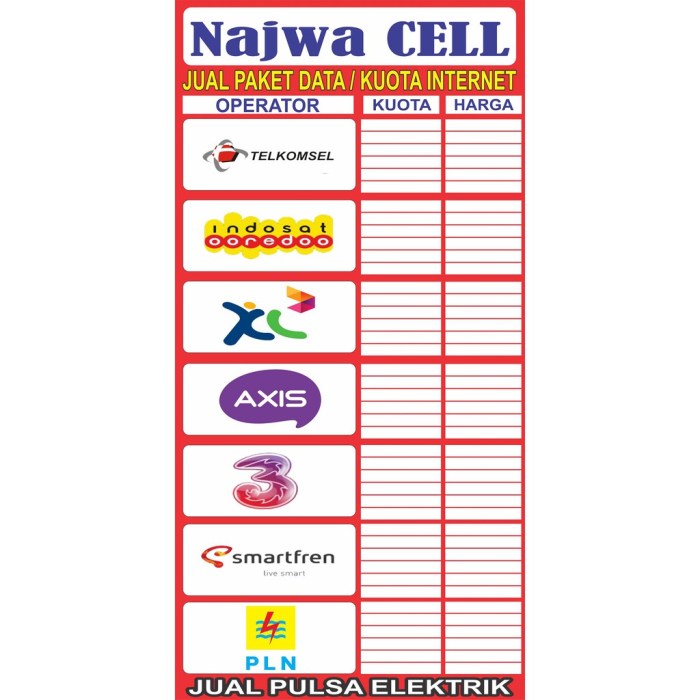 Daftar harga kuota di konter